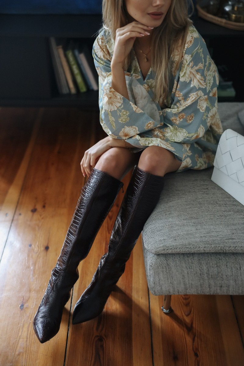 Brown croc knee high boots best sale